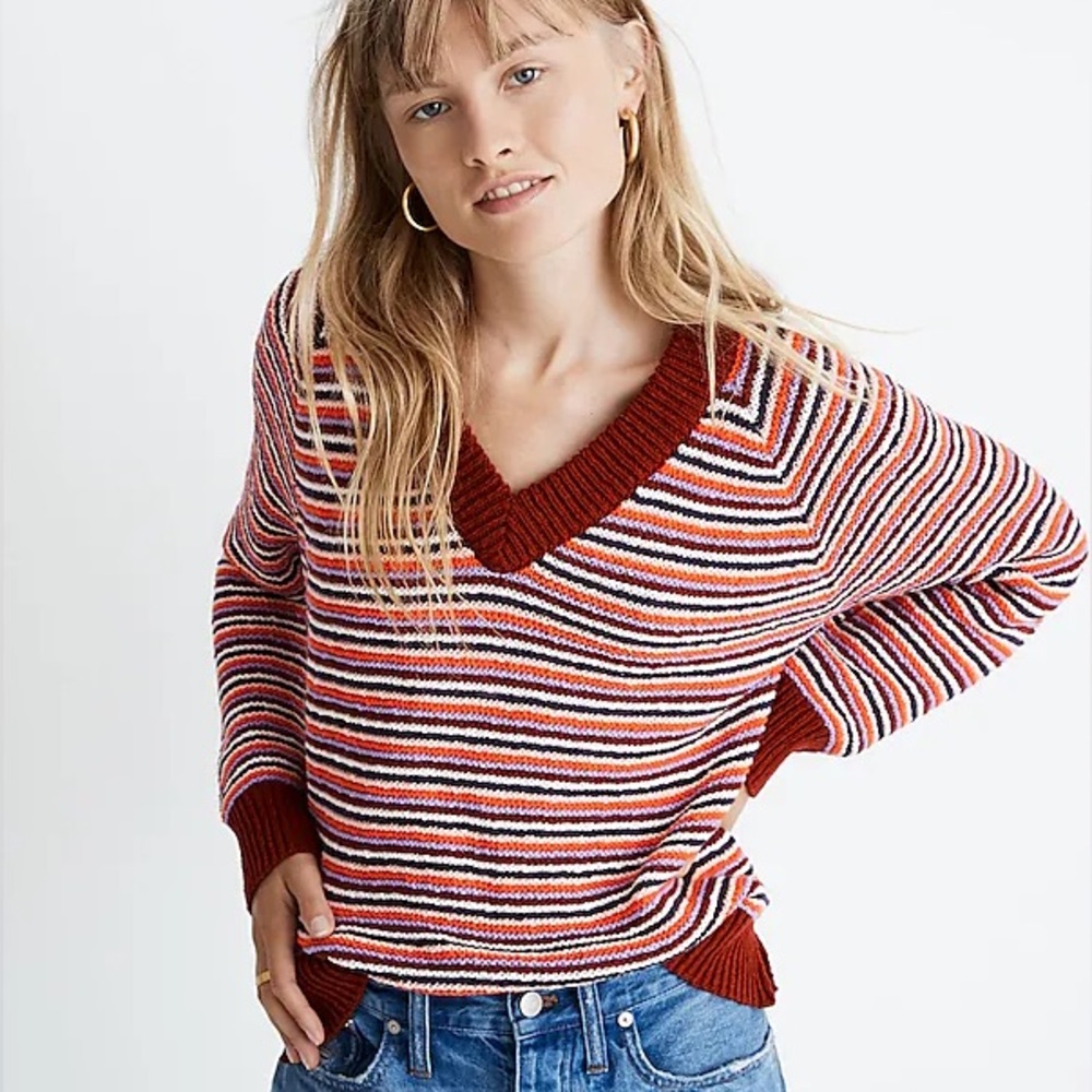 Madewell Arden V-Neck Crop Pullover Sweater in Stripe Size XS